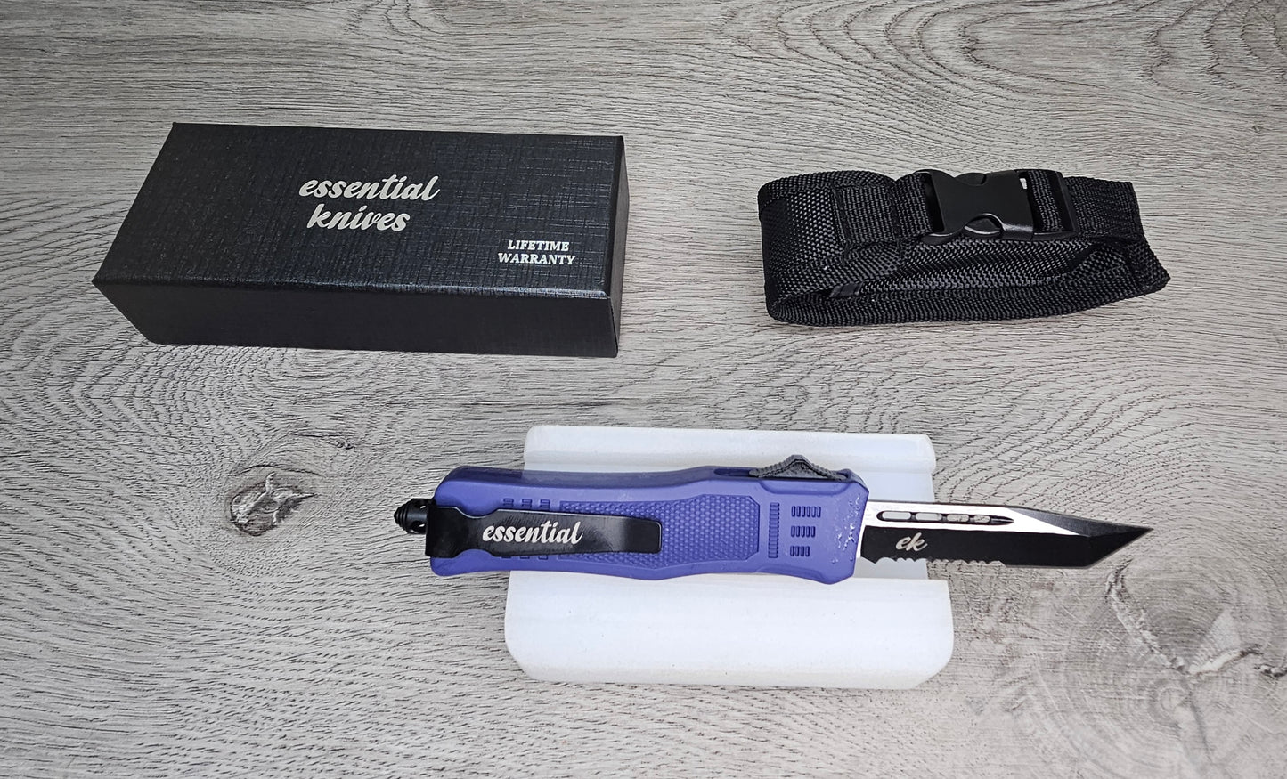 ESSENTIAL KNIVES "THE ESSENTIAL 7" PURPLE Out The Front Knife TANTO SERRATED Blade