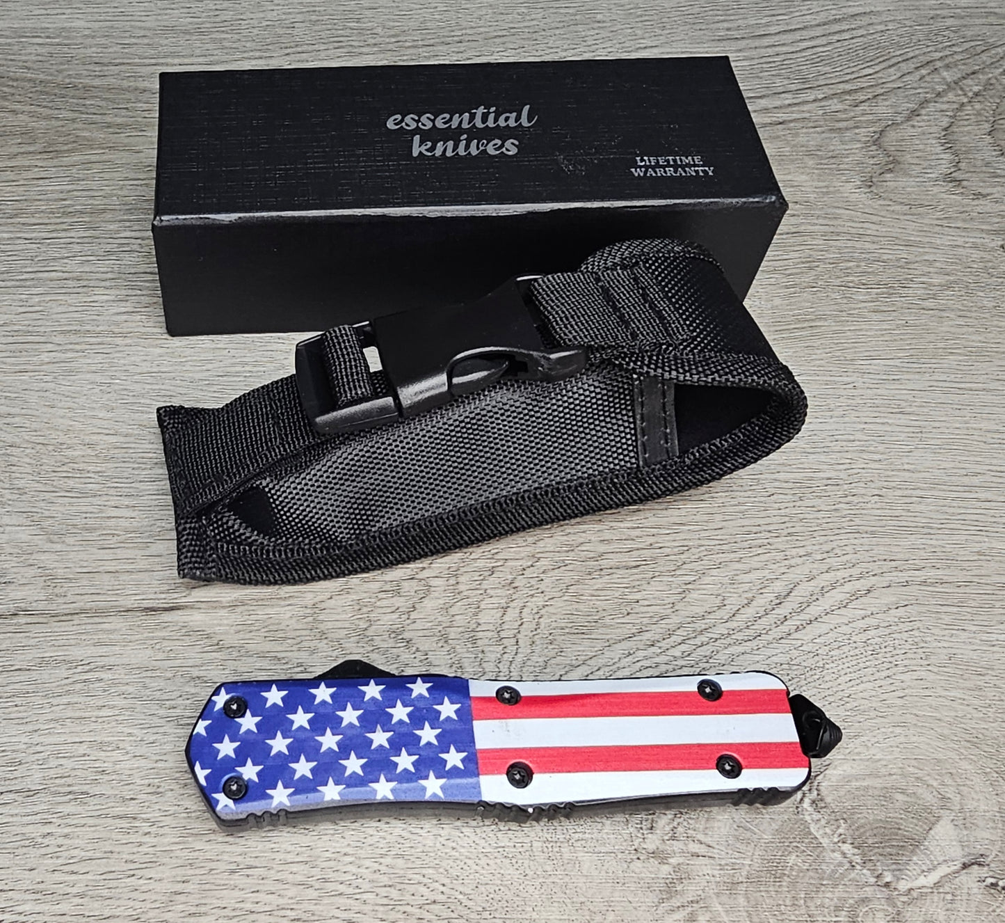 ESSENTIAL KNIVES "THE ESSENTIAL 9" STARS & STRIPES Out The Front Knife Tanto Blade