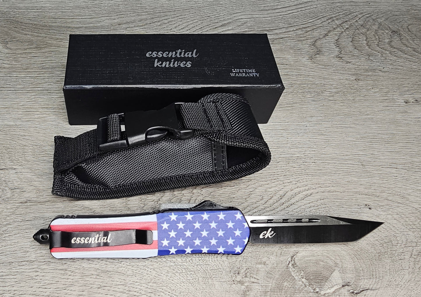 ESSENTIAL KNIVES "THE ESSENTIAL 9" STARS & STRIPES Out The Front Knife Tanto Blade