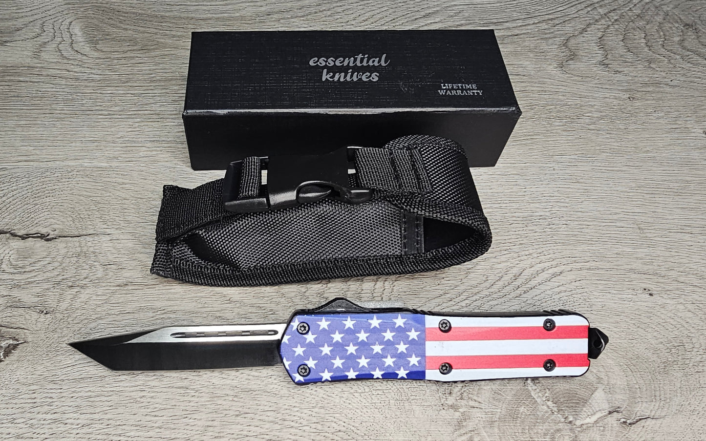 ESSENTIAL KNIVES "THE ESSENTIAL 9" STARS & STRIPES Out The Front Knife Tanto Blade