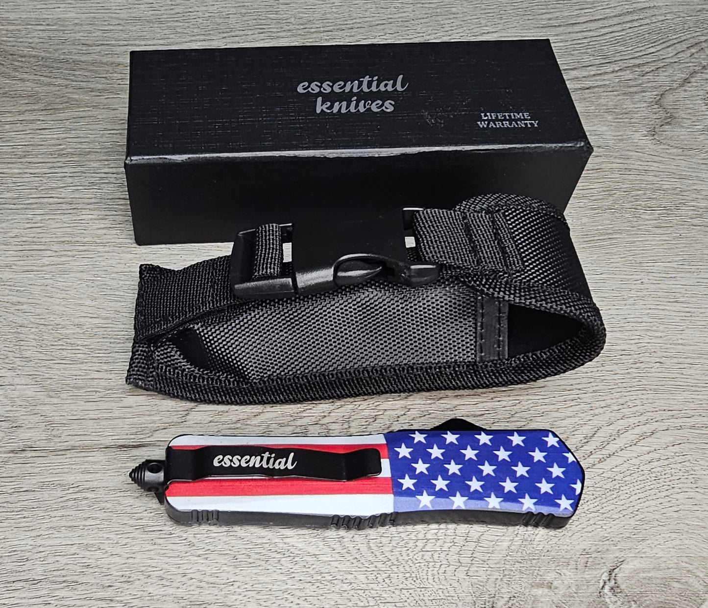 ESSENTIAL KNIVES "THE ESSENTIAL 9" STARS & STRIPES Out The Front Knife Tanto Blade