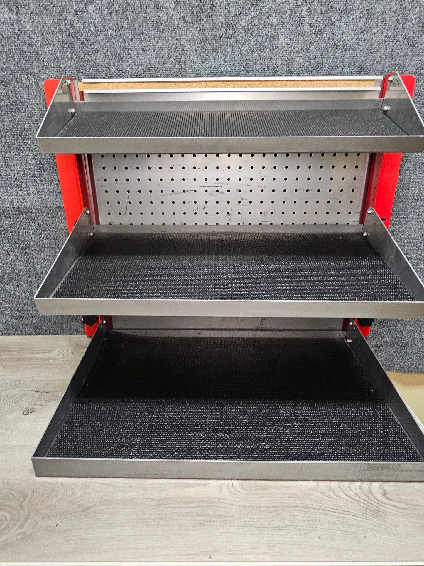 PROMO SHELF (3 DEEP SHELVES)  DISPLAY POWDER COATED RED MOUNTS TO E- TRACK OR YOU CAN EASILY BOLT TO WALL