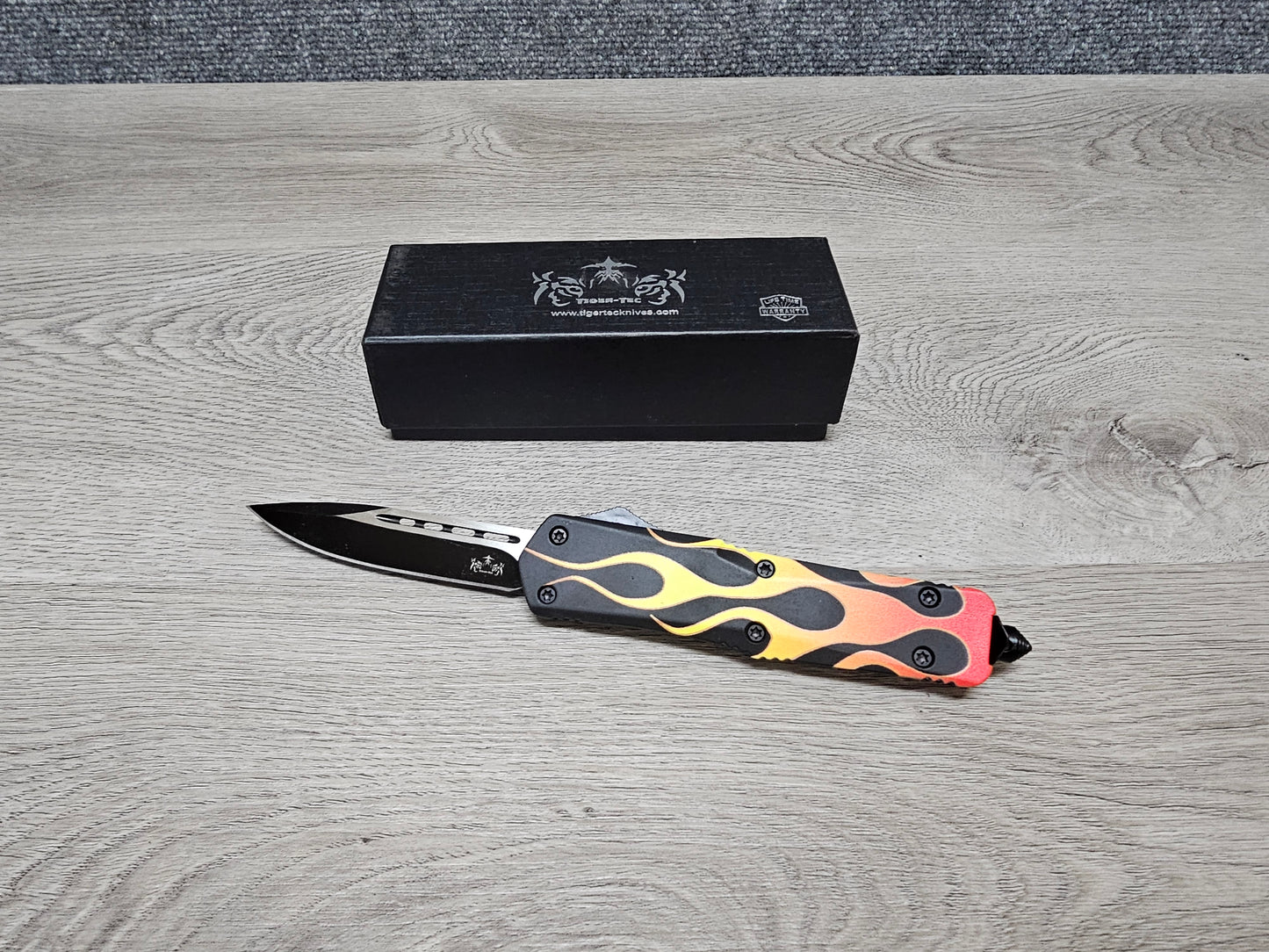 Tiger Tec Warrior "HOT ROD FLAMES"  Out The Front Knife DROP POINT Blade